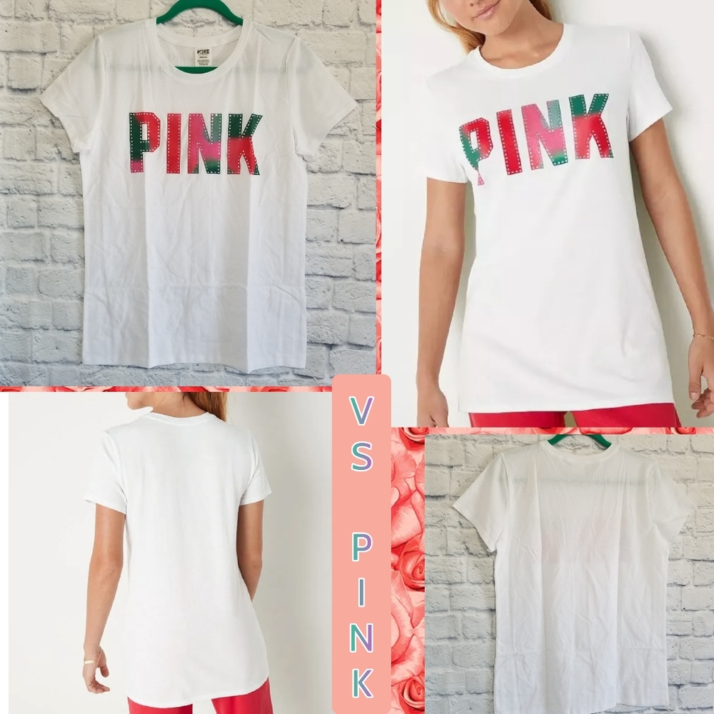 PINK Victoria's Secret Logo Rhinestone Bling Short Sleeve Crew Shirt New Large